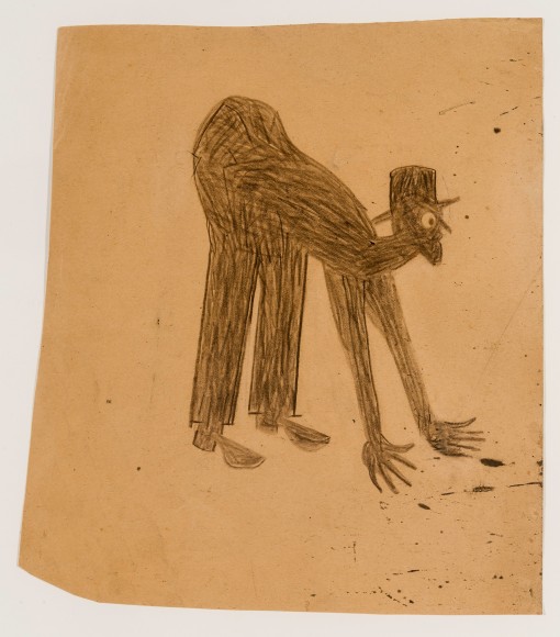 a drawing by self-taught artist Bill Traylor of a man walking with his hands and feet