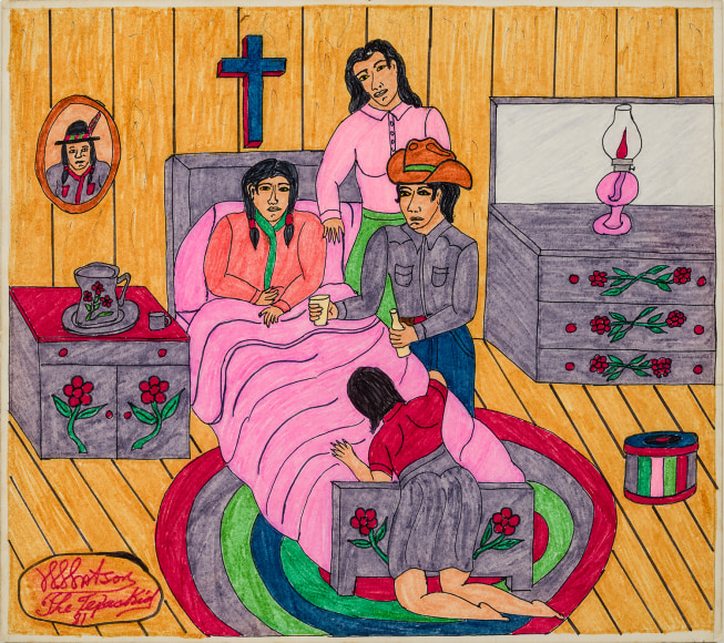 Willard Watson, aka &quot;The Texas Kid&quot; (1921&ndash;1955), &quot;Texas Kid Giving Mother Medicine for Yellow Jaundice,&quot;&nbsp;1981. Colored marker and pencil on board, 13 1/4 x 15 in.