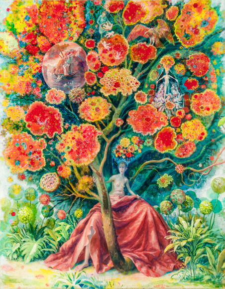a painting by Julie Heffernan of a woman in a large red skirt, straddling a tree trunk whose branches contain abstract flowers and scenes from art historical paintings