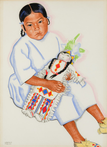 WINOLD REISS (1886–1953), "Girl with Doll." Mixed media on paper, 29 x 20 in.