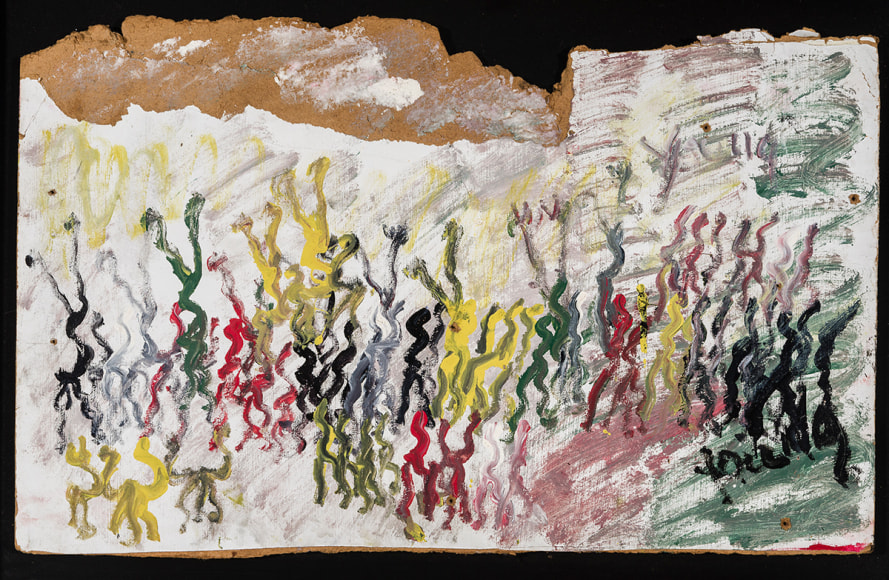 a paint and wood assemblage of dancing figures or protesters by Self-taught artist Purvis Young