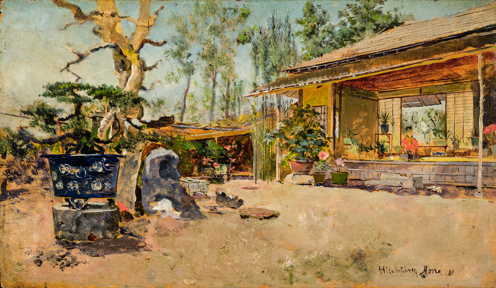 HARRY HUMPHREY MOORE (1844–1926), Japanese Tea Garden, 1881. Oil on wood panel, 6 3/8 x 10 7/8 in.