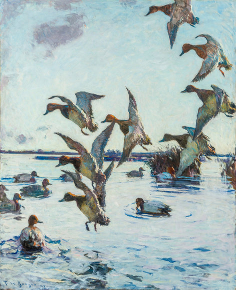 FRANK WESTON BENSON (1862&ndash;1951), &quot;Redheads Lighting,&quot; 1924. Oil on canvas, 44 x 36 1/2 in.