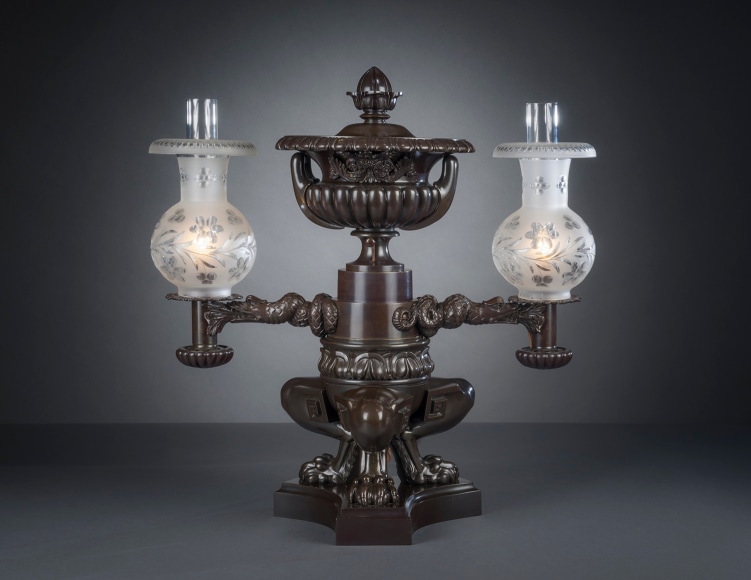 Monumental Double Argand Lamp with Serpent Arms, about 1820, English, probably Birmingham