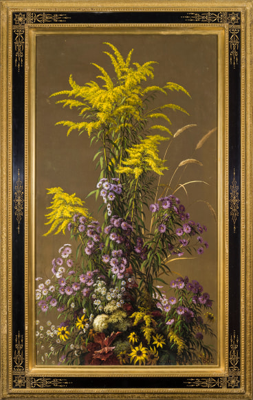 JOHN ROSS KEY (1832–1920), "Goldenrod and Other Wildflowers ," 1882. Oil on canvas, 36 x 20 in. Showing original painted and gilded Eastlake-style frame.