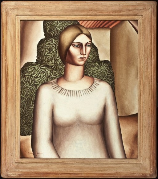 EVERETT GEE JACKSON (1900–1995), "Girl with Acacia Tree," 1931. Oil on canvas, 27 x 23 in. Showing painted and distressed wood frame.