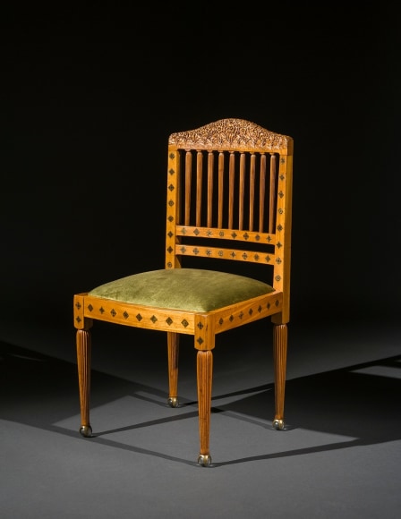 &quot;Side Chair with Inlay,&quot; about 1891&ndash;93. Tiffany Glass &amp; Decorating Company (active 1892&ndash;1902),&nbsp;New York. Primavera and American ash, with elaborate floral carvings, and varicolored wood and metal micro mosaic marquetry, glass balls in brass claw feet