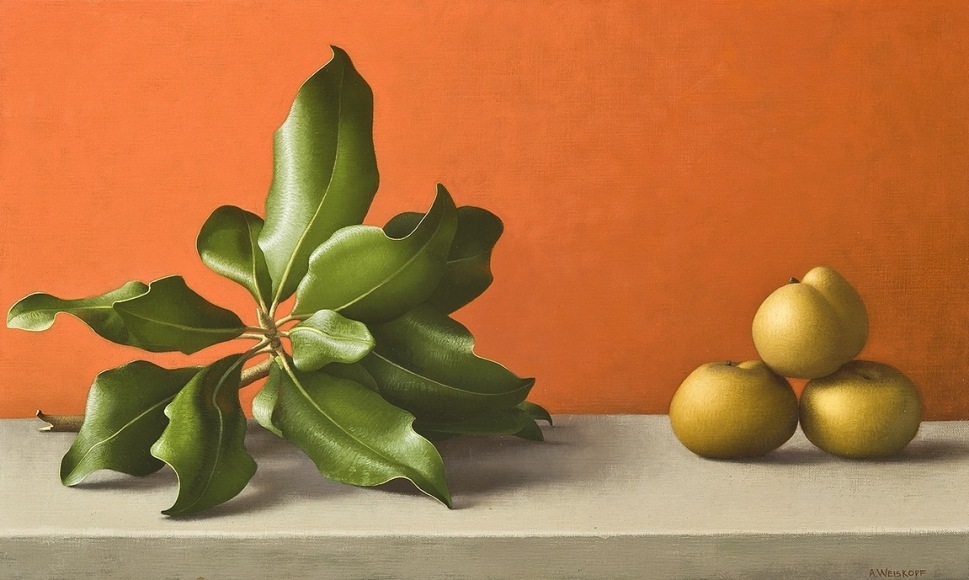 Image of Amy Weiskopf's Magnolia Branch and Asian Pears, oil on linen, 11 3/4 by 19 3/4 inches, painted in 1993.