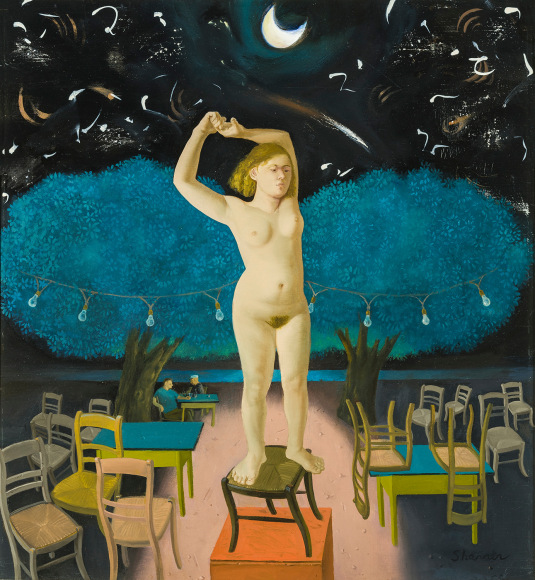 Café Bilbao, 1991. Oil on linen, 13 x 12 in. Signed at lower right: Sharrer.
