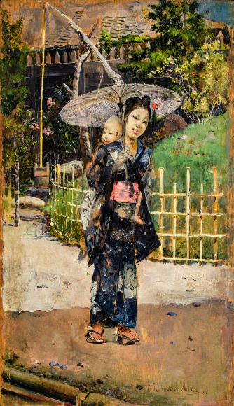 HARRY HUMPHREY MOORE (1844–1926), Japanese Girl Promenading, 1881. Oil on wood panel, 10 7/8 x 6 1/4 in.