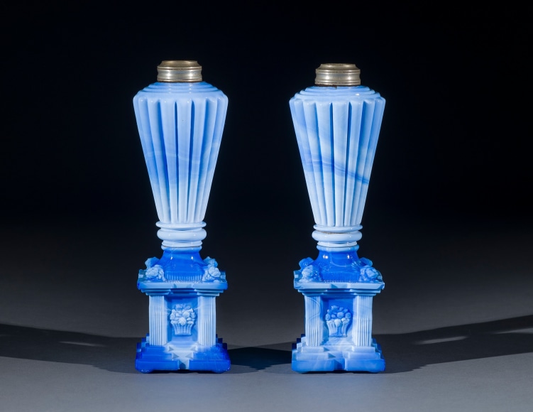 Pair Opaque Blue Slag Lamps with Lion Bases, about 1830, New England Glass Company, Cambridge, Massachusetts (active 1818–88), or Boston & Sandwich Glass Company, Sandwich, Massachusetts (active 1825–88)