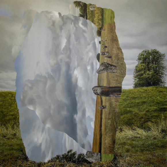 egg tempera painting with multiple views of the same landscape layered on top of each other