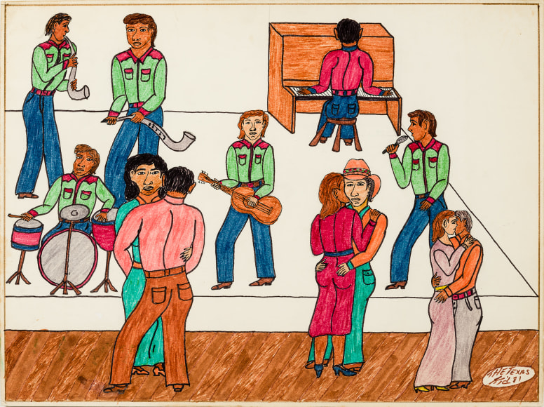 Willard Watson, aka &quot;The Texas Kid&quot; (1921&ndash;1955), &quot;Texas Kid Dancing at the Saturday Night Ball,&quot;&nbsp;1981. Colored marker and pencil on board, 16 1/4 x 20 in.