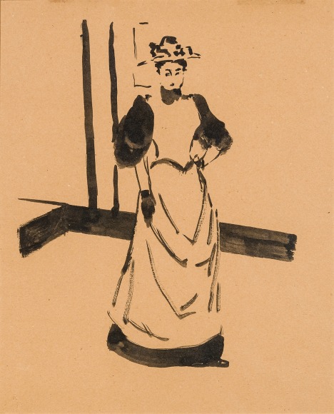 ROBERT HENRI (1865–1929)," Lady in Interior," c. 1892–94. Ink on brown paper, 10 1/2 x 8 1/2 in.