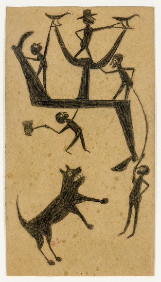 Bill Traylor (1854&ndash;1949), &quot;Five Figures with Dog and Leg Construction,&quot; c. 1939&ndash;42. Colored pencil and graphite on cardboard, 13 3/8 x 7 1/4 in.