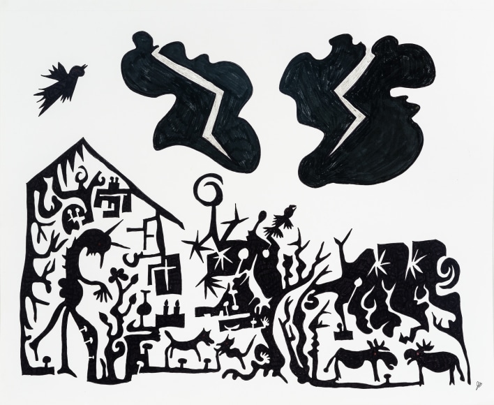 a drawing by self-taught artist Jeanne Brousseau of a horned figure and animals beneath two black clouds, done entirely in black marker