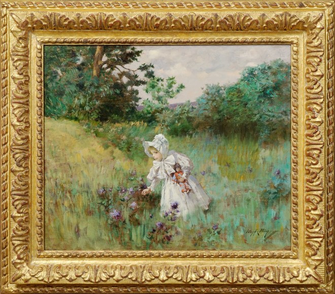 IRVING RAMSEY WILES (1861–1948, "Picking Flowers," about 1895 Oil on wood panel, 15 x 18 in. Showing replica gilded Louis XIV-style frame.