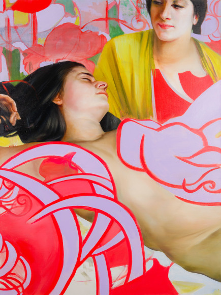 a woman sleeps while another woman watches her in this painting by Angela Fraleigh