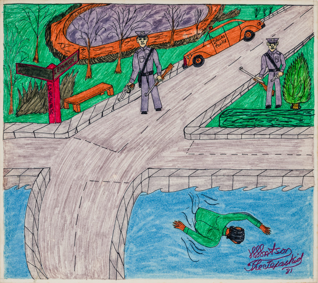 Willard Watson, aka &quot;The Texas Kid&quot; (1921&ndash;1955), &quot;Police Shot at Me by Mistake,&quot;&nbsp;1981. Colored marker and pencil on board, 13 1/4 x 15 in.