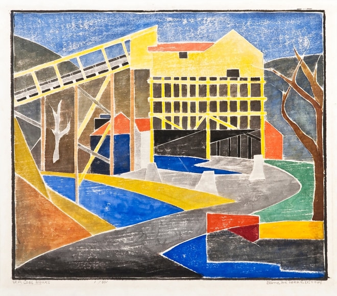 BLANCHE LAZZELL (1878&ndash;1956). West Virginia Coal Works, 1949. Color woodcut on laid Japan paper, 12 x 14 in.