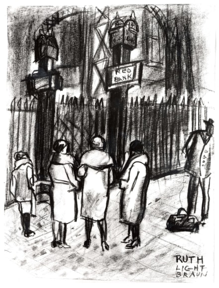 RUTH LIGHT BRAUN (1906–2003), "Waiting for the Train, Pennsylvania Station," about 1928. Conté crayon on paper, 11 x 8 1/2 in.