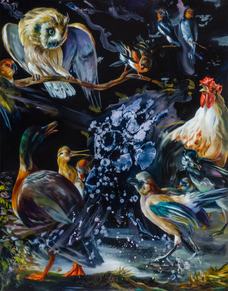 a painting by Angela Fraleigh of various birds in a turbulent abstract setting