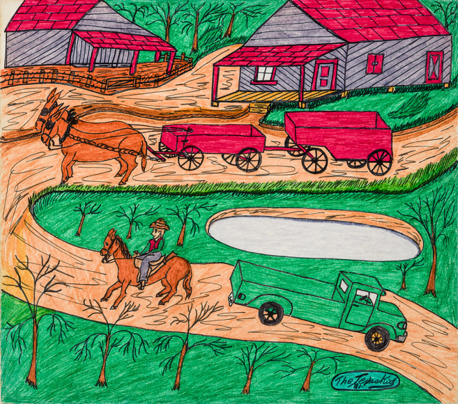 Willard Watson, aka &quot;The Texas Kid&quot; (1921&ndash;1955), &quot;The White Man Who Helped us Get Off the Plantation,&quot;&nbsp;1981. Colored marker and pencil on board, 13 1/4 x 15 in.