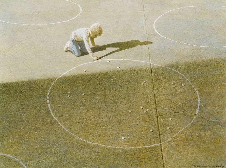 ROBERT VICKREY (1926&ndash;2011), &quot;Marble Player.&quot; Egg tempera on gessoed panel, 11 3/8 x 16 in. Detail.