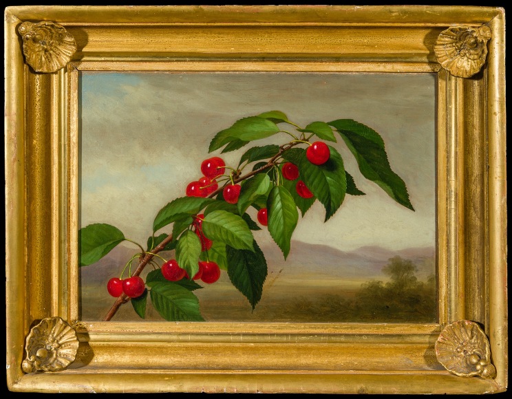 GEORGE HENRY HALL (1825&ndash;1913), &quot;Branch of Cherries,&quot; 1875. Oil on canvas, 10 3/8 x 15 in. Showing gilded cove frame with applied shell corners.