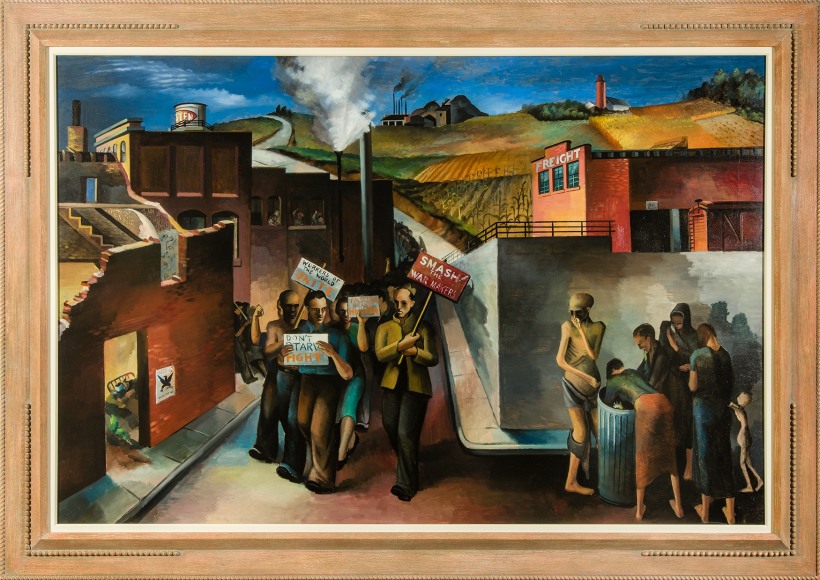JOSEPH “JOE” JONES (1909–1963), "Demonstration," 1934. Oil on Masonite, 48 1/8 x 72 1/8 in. Showing painted and carved Modernist frame.