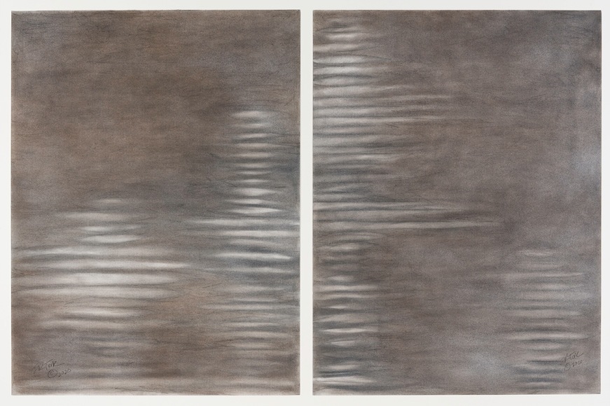 a diptych of abstract drawings by Elizabeth Turk of white discs stacked on each other