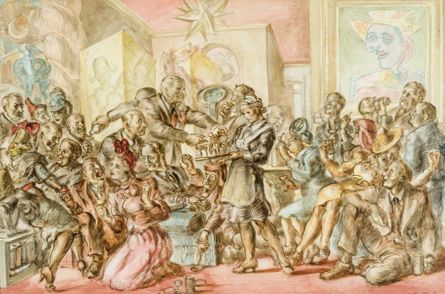 REGINALD MARSH (1898–1954), "Cocktails—5 to 7," 1940. Watercolor and pencil on paperboard, 26 1/2 x 40 in.