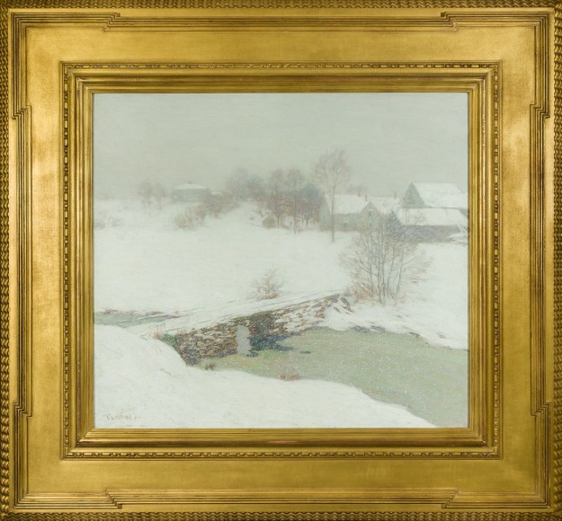 WILLARD LEROY METCALF (1858–1925), "The White Mantle," 1906. Oil on canvas, 26 x 29 in. Showing reproduction gilded American Impressionist style frame.