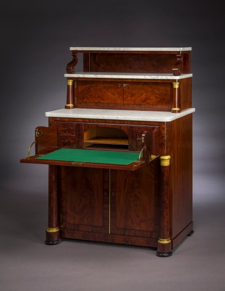 Butler’s Desk and Etagére, about 1825. New York, possibly by Duncan Phyfe. Mahogany, with ormolu mounts, marble, and brass. 54 in. high, 36 5/8 in. wide, 23 5/8 in. deep. With open desk front.