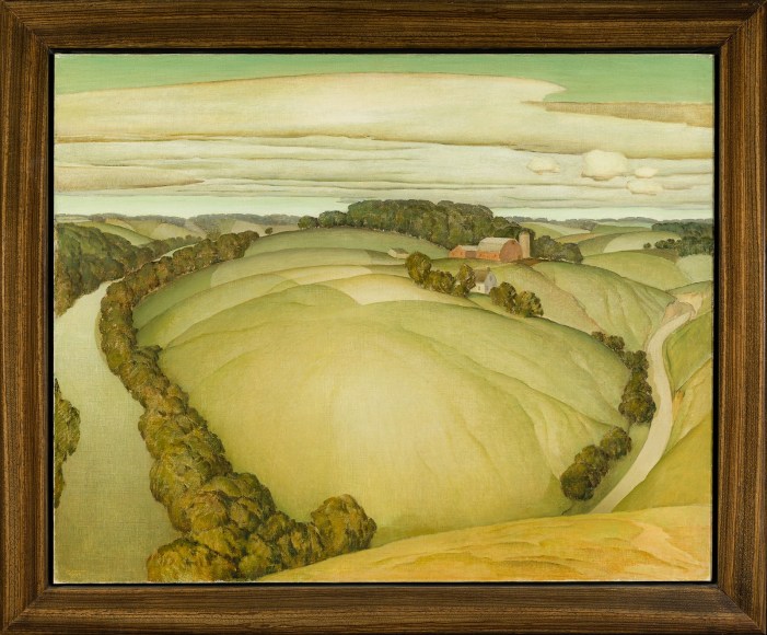 MARVIN D. CONE (1891–1965), "River Bend, No. 4," 1938. Oil on canvas, 20 x 30 in. Showing stained-wood modernist float frame.