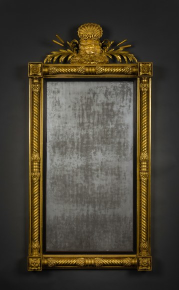 &quot;Monumental Pier Mirror,&quot; about 1820 Attributed to John Doggett (1780&ndash;1857), Boston. Pine, gessoed and gilded, with ebonized reeded liner, and mirror plate 70 1/4 in. high, 35 in. wide