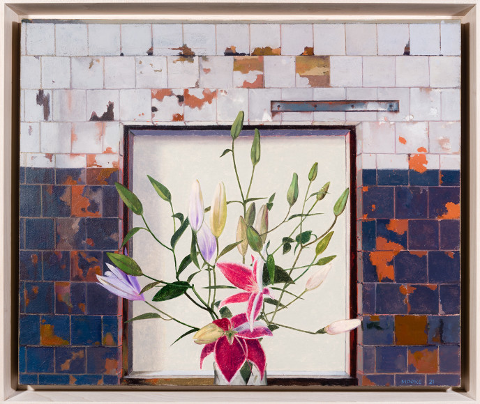 a painting by John Moore of lilies against an industrial background