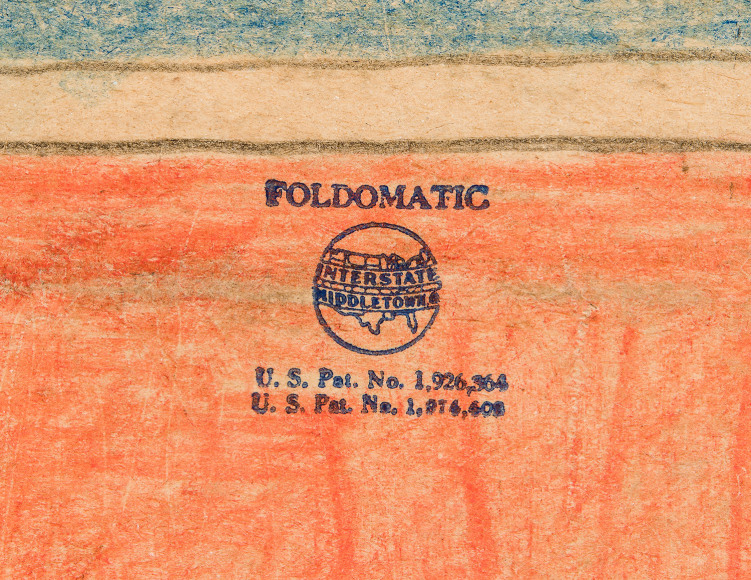 Close-up of &quot;Foldomatic&quot; stamp on the skirt waist of the figure of the mother in Bill Traylor's &quot;Mother and Child,&quot; 1939.