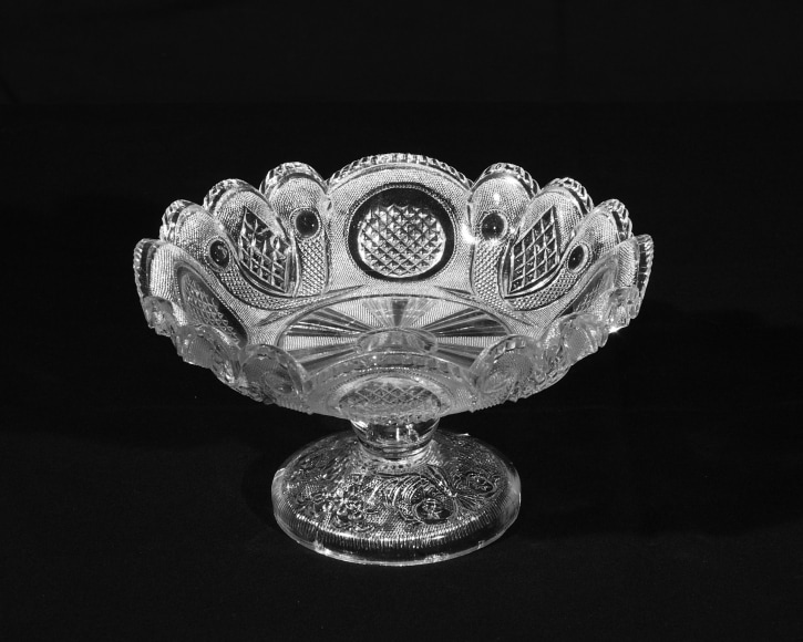 Clear "Lacy" Footed Compote in "Crossed Peacock Feather" Pattern, about 1835–40