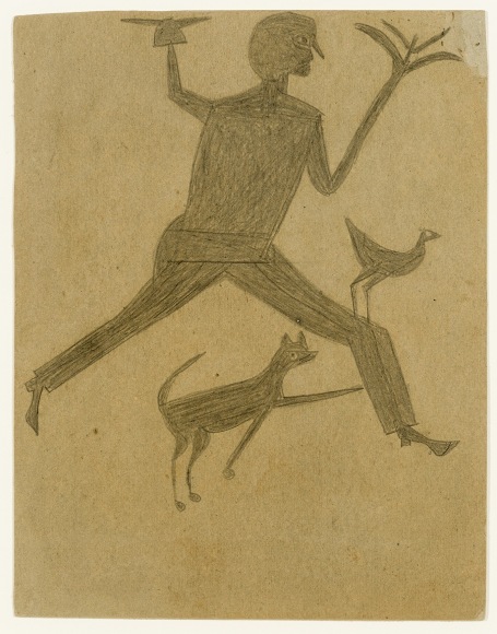 BILL TRAYLOR (1854&ndash;1949), &quot;Man Sprouting Hand with Dog and Bird,&quot; c. 1939&ndash;42. Pencil on cardboard, 11 1/4 x 8 3/4 in. Executed about 1939&ndash;42