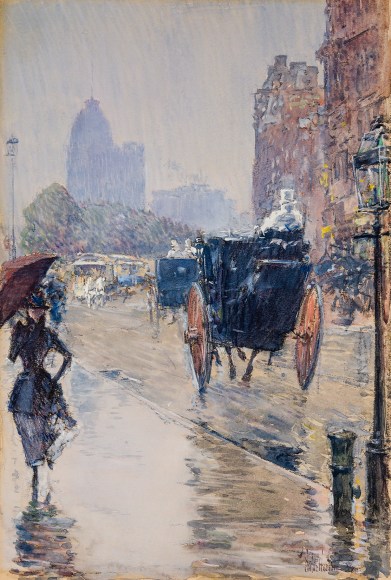 CHILDE HASSAM (American, 1859&ndash;1935), &quot;New York Street Scene (Rainy Day, New York),&quot; 1892. Watercolor, gouache, and charcoal on paper, 15 x 10 1/4 in.