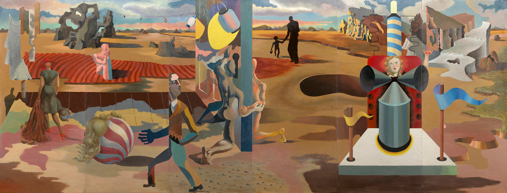 JAMES GUY (1909–1983), The Camouflage Man in a Landscape (A Six-panel Mural), 1939. Oil on Masonite, 83 x 216 in.