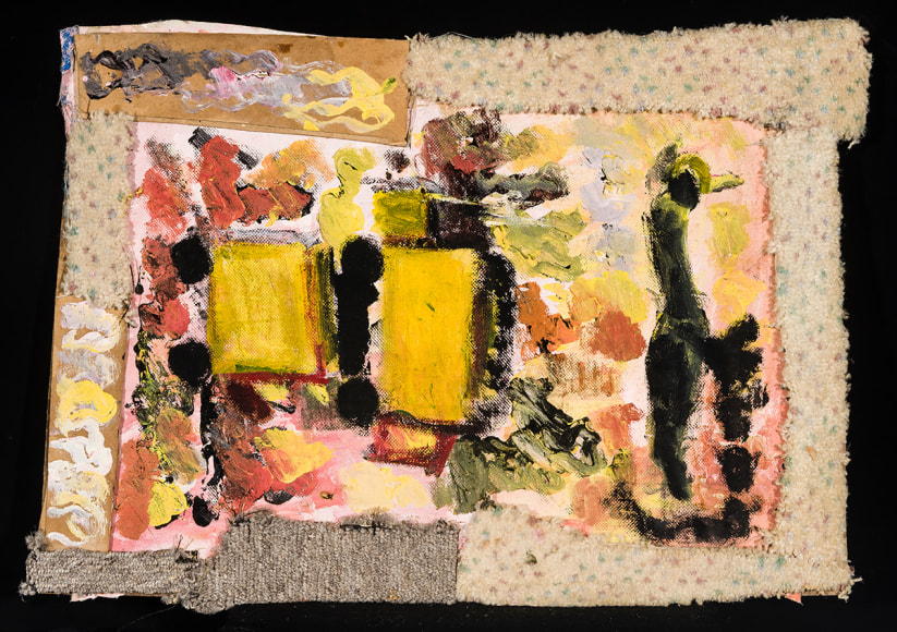 a paint, wood  and carpet assemblage of figures and trucks by Self-taught artist Purvis Young