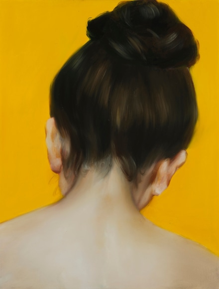 painting of the back of a woman's head with her hair in a bun with a bright pumpkin-colored background