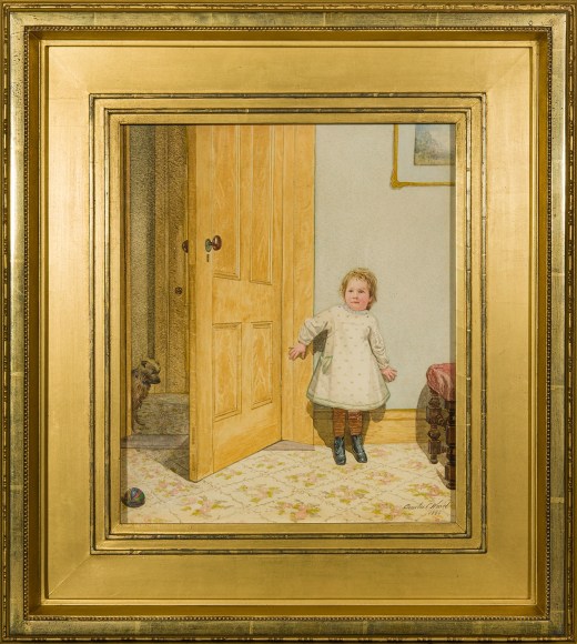 CHARLES CALEB WARD (1831–1896), "Hide and Seek," 1880. Watercolor on paper, 11 5/8 x 9 3/4 in. Showing gilded frame.