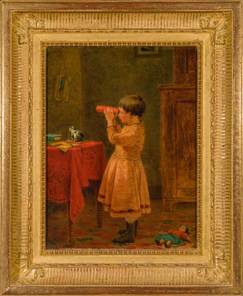 CHARLES FELIX BLAUVELT (1824–1900), "Child with Kaleidoscope," 1871. Oil on canvas, 12 1/16 x 9 3/16 in. Showing gilded fluted cove frame.