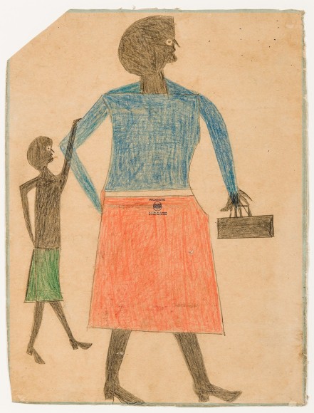Bill Traylor (1854&ndash;1949), &quot;Mother and Child,&quot; 1939. Pencil and colored pencil on cardboard, 15 1/2 x 11 3/4 in.
