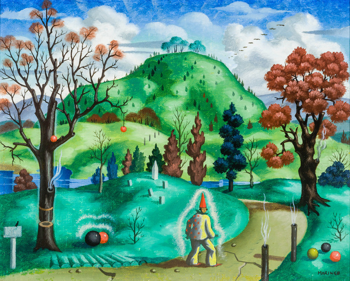 GEORGE MARINKO (1908&ndash;1987), &quot;Harlequin&rsquo;s Holiday,&quot; about 1940&ndash;42. Oil on canvas board, 8 x 10 in.