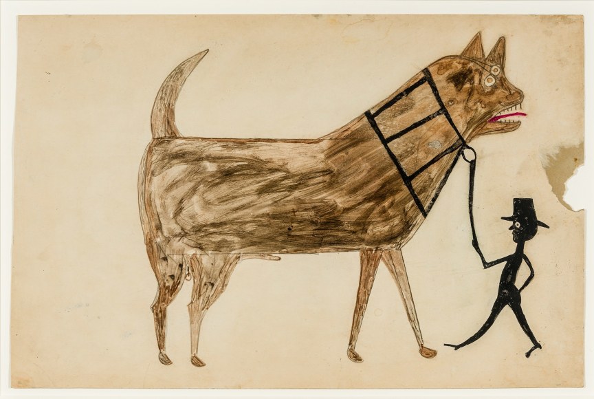 Bill Traylor (1854&ndash;1949), &quot;Black Man Leading Brown Dog,&quot; c. 1939&ndash;42. Poster paint and pencil on cardboard, 14 1/4 x 21 3/4 in.