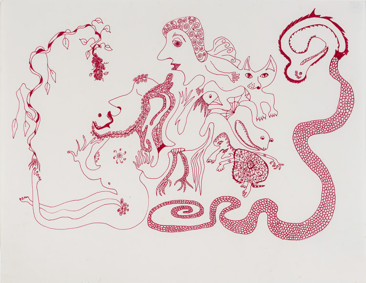 a fantastical drawing of a man and woman surrounded by animal hybrids by self-taught artist Jeanne Brousseau